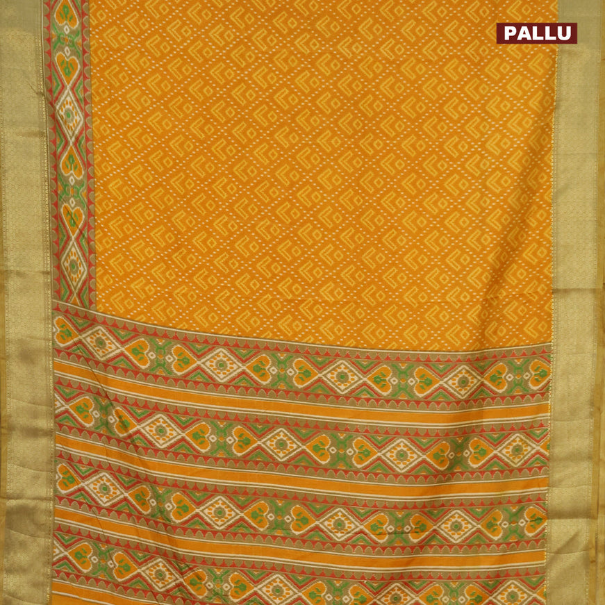 Semi tussar saree mustard yellow and elaichi green with allover ikat prints and zari woven border