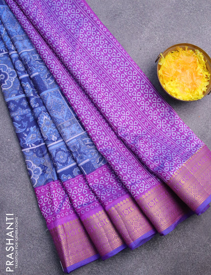 Semi tussar saree dark blue and purple with allover ikat prints and zari woven border