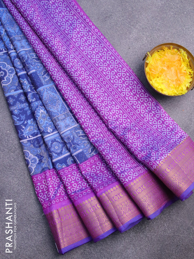 Semi tussar saree dark blue and purple with allover ikat prints and zari woven border