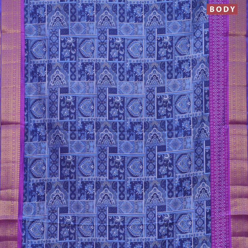 Semi tussar saree dark blue and purple with allover ikat prints and zari woven border