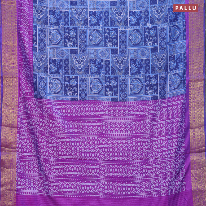 Semi tussar saree dark blue and purple with allover ikat prints and zari woven border