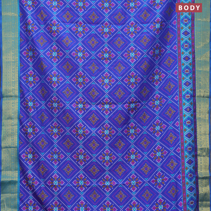 Semi tussar saree blue and cs blue with allover ikat prints and zari woven border