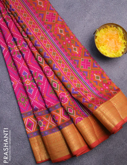 Semi tussar saree pink and mustard shade with allover ikat prints and zari woven border