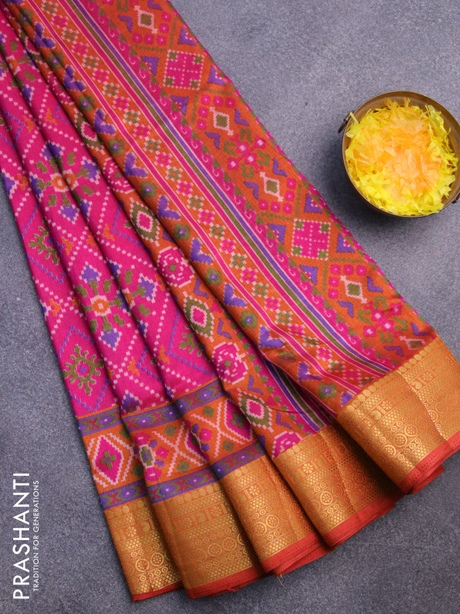 Semi tussar saree pink and mustard shade with allover ikat prints and zari woven border