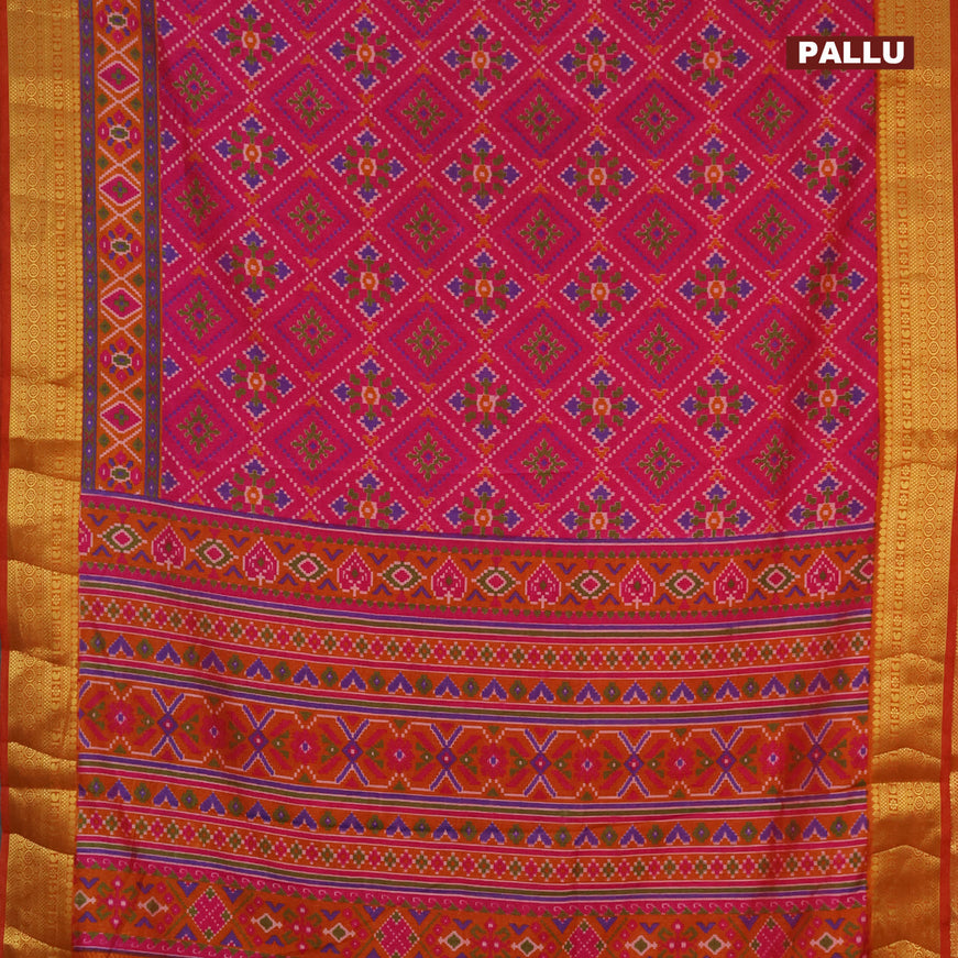 Semi tussar saree pink and mustard shade with allover ikat prints and zari woven border