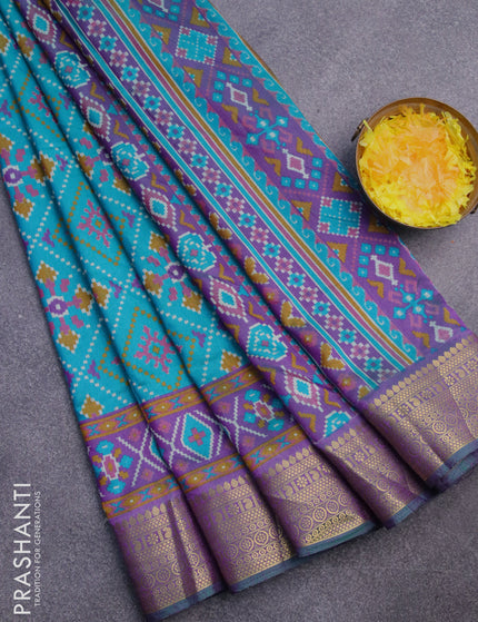 Semi tussar saree teal blue and dual shade of purple with allover ikat prints and zari woven border