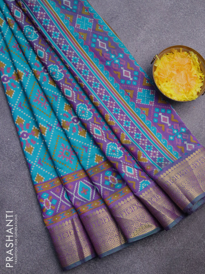 Semi tussar saree teal blue and dual shade of purple with allover ikat prints and zari woven border