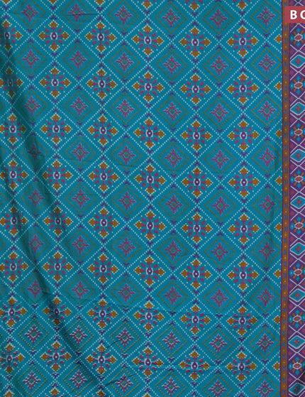 Semi tussar saree teal blue and dual shade of purple with allover ikat prints and zari woven border