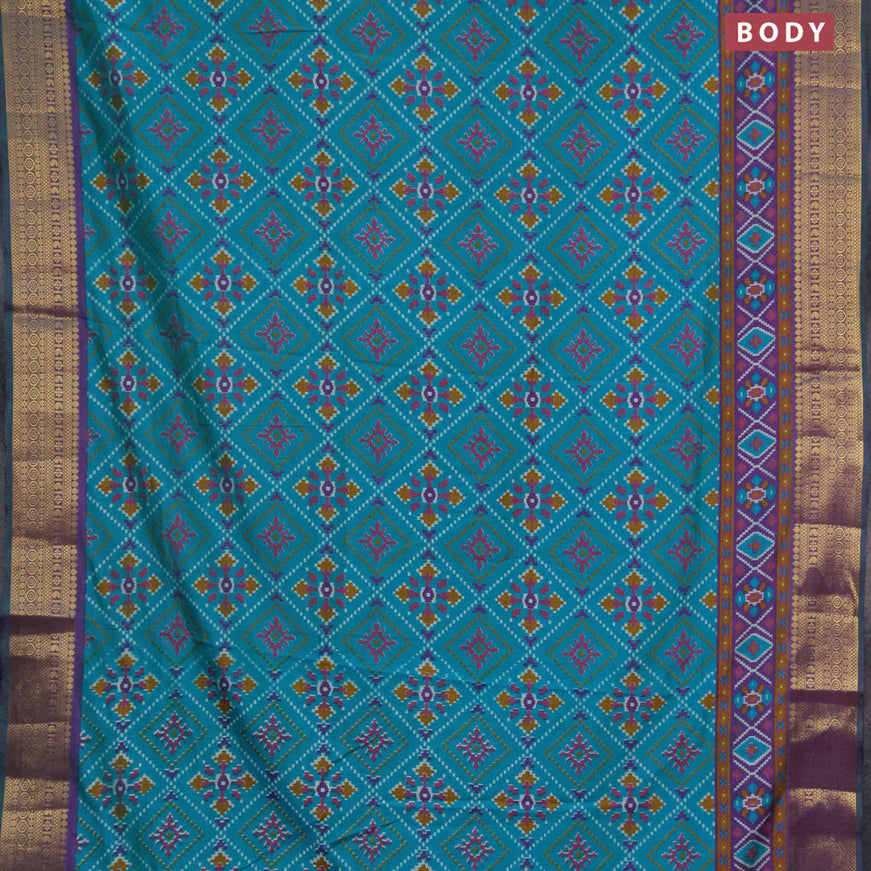 Semi tussar saree teal blue and dual shade of purple with allover ikat prints and zari woven border