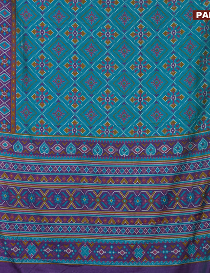 Semi tussar saree teal blue and dual shade of purple with allover ikat prints and zari woven border