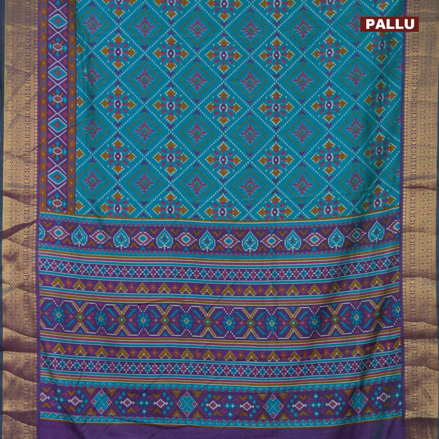 Semi tussar saree teal blue and dual shade of purple with allover ikat prints and zari woven border