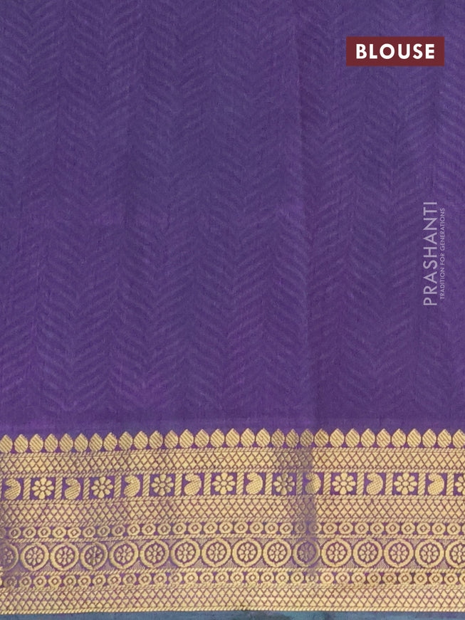 Semi tussar saree teal blue and dual shade of purple with allover ikat prints and zari woven border