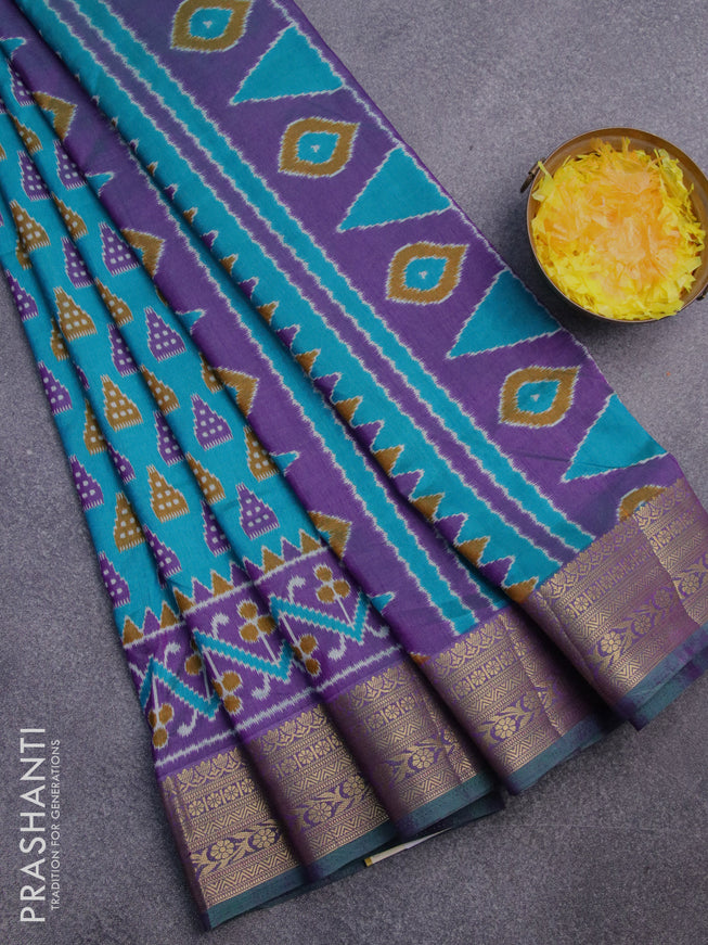 Semi tussar saree teal blue and violet with ikat butta prints and zari woven border