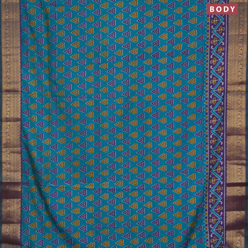 Semi tussar saree teal blue and violet with ikat butta prints and zari woven border