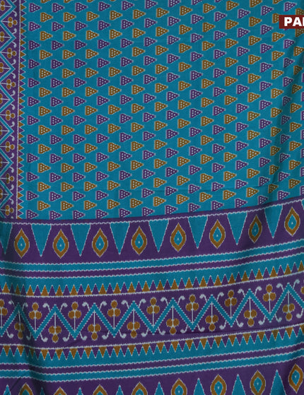 Semi tussar saree teal blue and violet with ikat butta prints and zari woven border