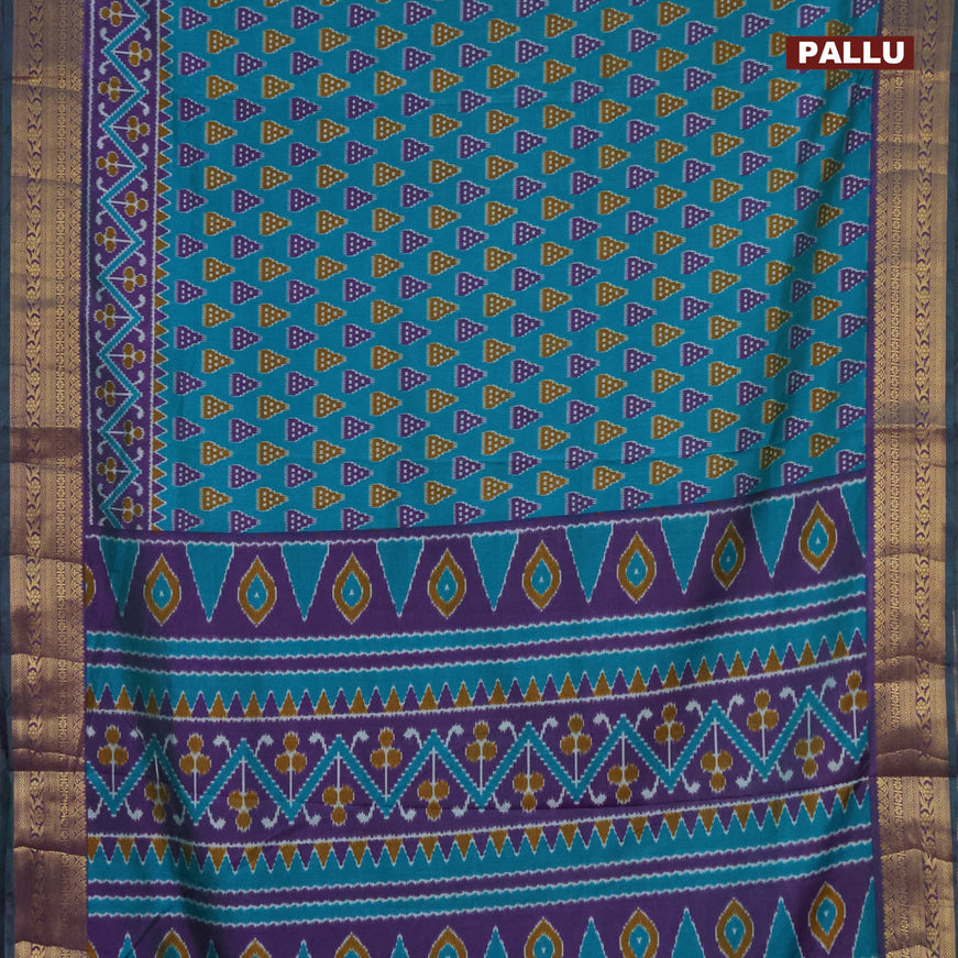 Semi tussar saree teal blue and violet with ikat butta prints and zari woven border