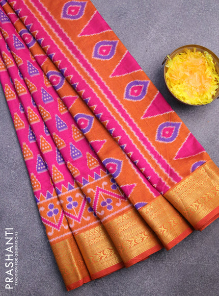 Semi tussar saree pink and mustard shade with ikat butta prints and zari woven border