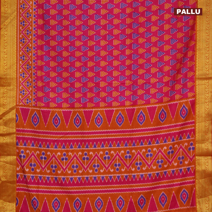 Semi tussar saree pink and mustard shade with ikat butta prints and zari woven border