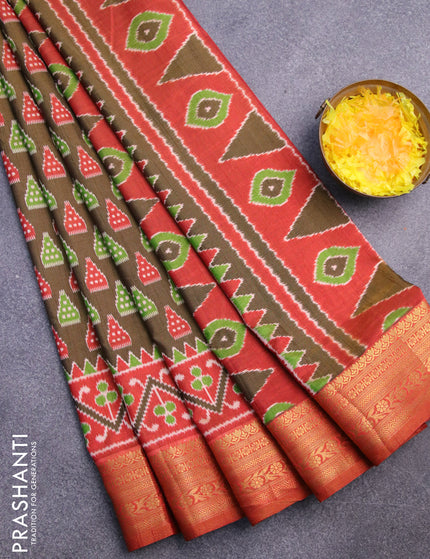 Semi tussar saree dark brown and rust shade with ikat butta prints and zari woven border