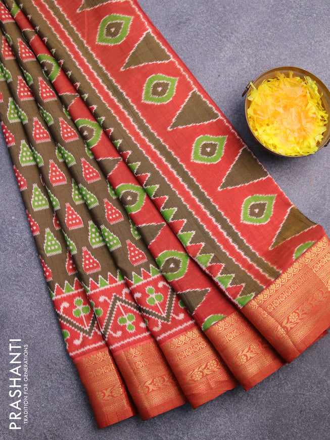 Semi tussar saree dark brown and rust shade with ikat butta prints and zari woven border