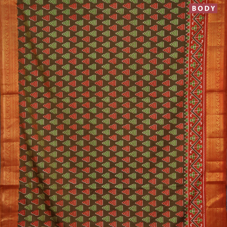 Semi tussar saree dark brown and rust shade with ikat butta prints and zari woven border