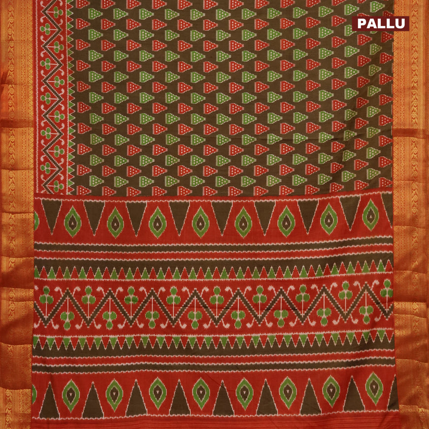 Semi tussar saree dark brown and rust shade with ikat butta prints and zari woven border