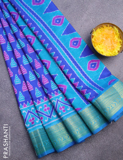 Semi tussar saree blue and teal blue with ikat butta prints and zari woven border