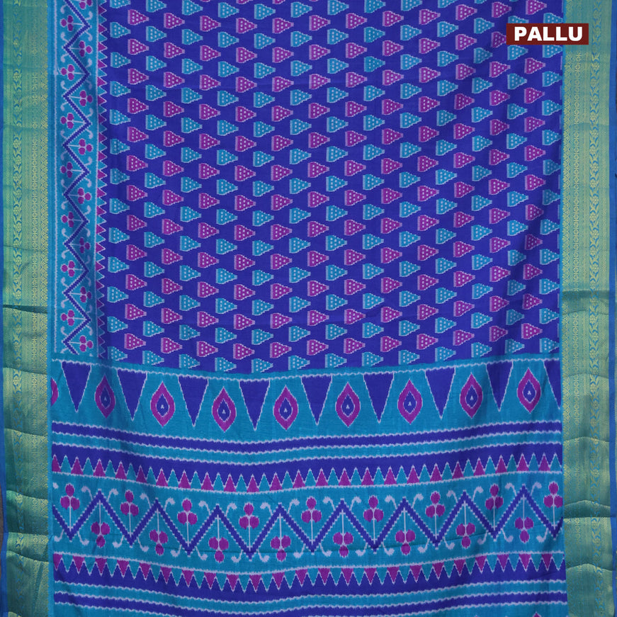 Semi tussar saree blue and teal blue with ikat butta prints and zari woven border