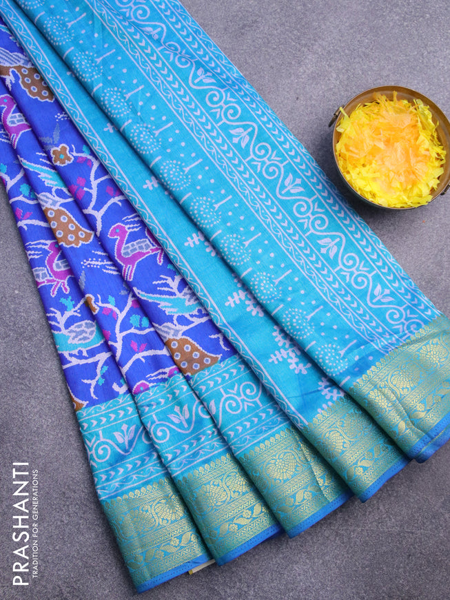 Semi tussar saree royal blue and teal blue with allover ikat prints and zari woven border