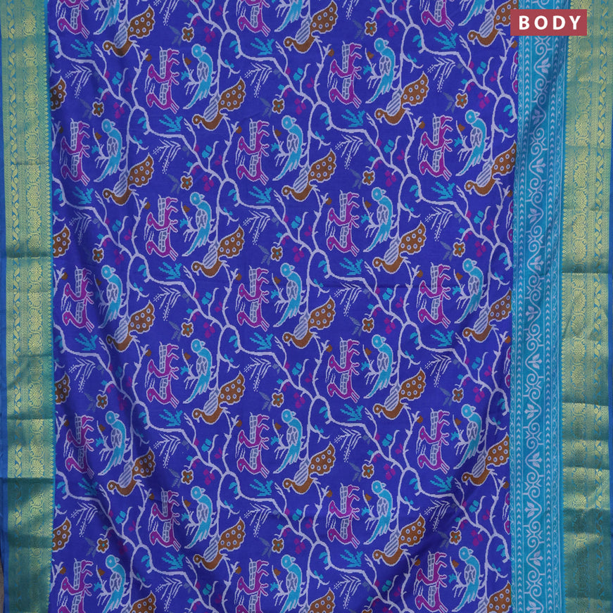 Semi tussar saree royal blue and teal blue with allover ikat prints and zari woven border