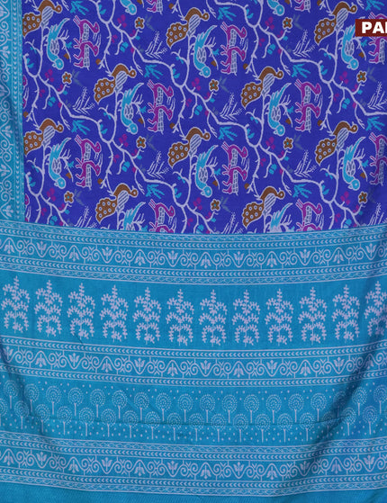 Semi tussar saree royal blue and teal blue with allover ikat prints and zari woven border