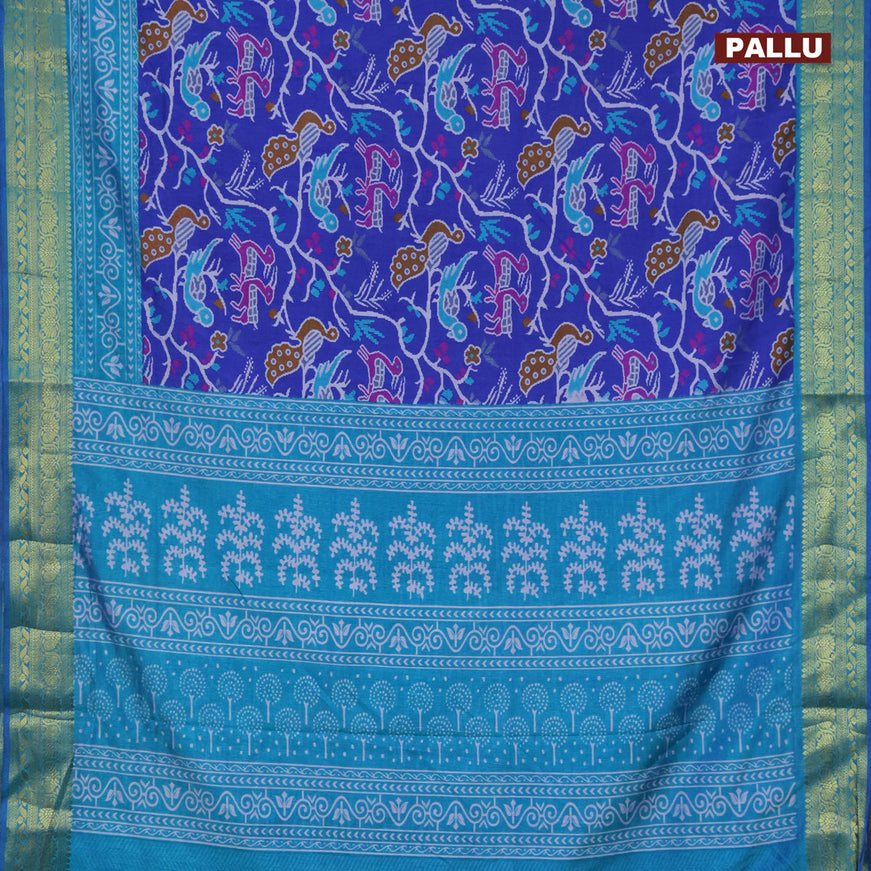 Semi tussar saree royal blue and teal blue with allover ikat prints and zari woven border