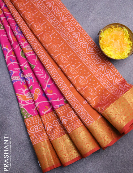 Semi tussar saree pink and mustard shade with allover ikat prints and zari woven border