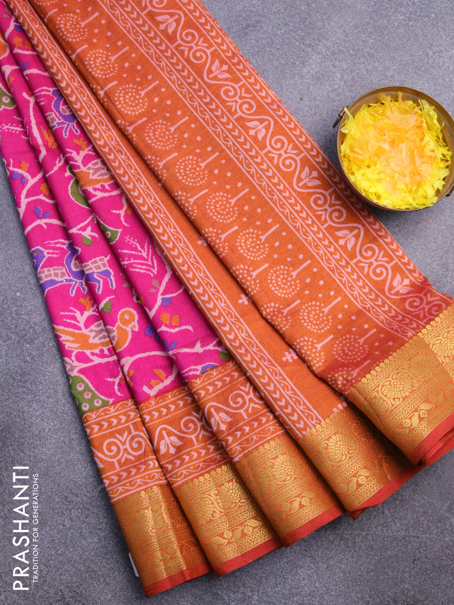 Semi tussar saree pink and mustard shade with allover ikat prints and zari woven border