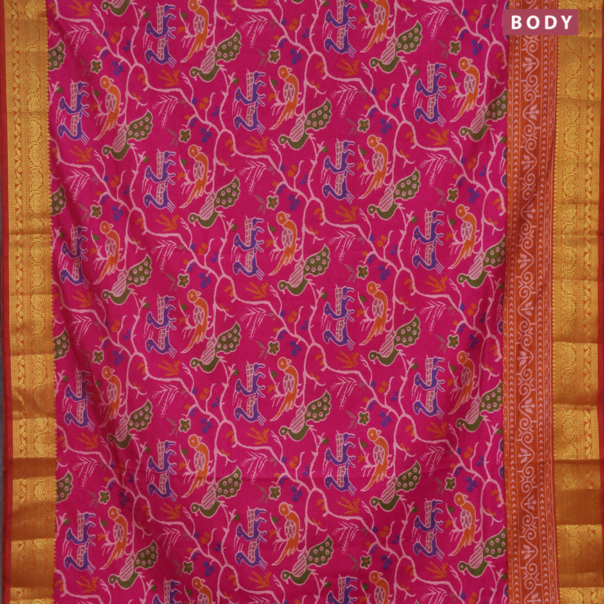 Semi tussar saree pink and mustard shade with allover ikat prints and zari woven border