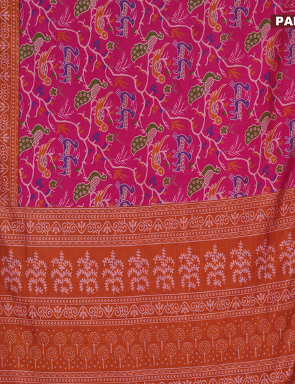 Semi tussar saree pink and mustard shade with allover ikat prints and zari woven border