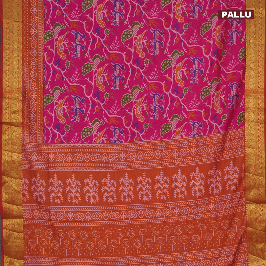 Semi tussar saree pink and mustard shade with allover ikat prints and zari woven border