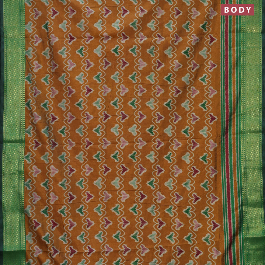 Semi tussar saree mustard shade and green with allover ikat prints and zari woven border