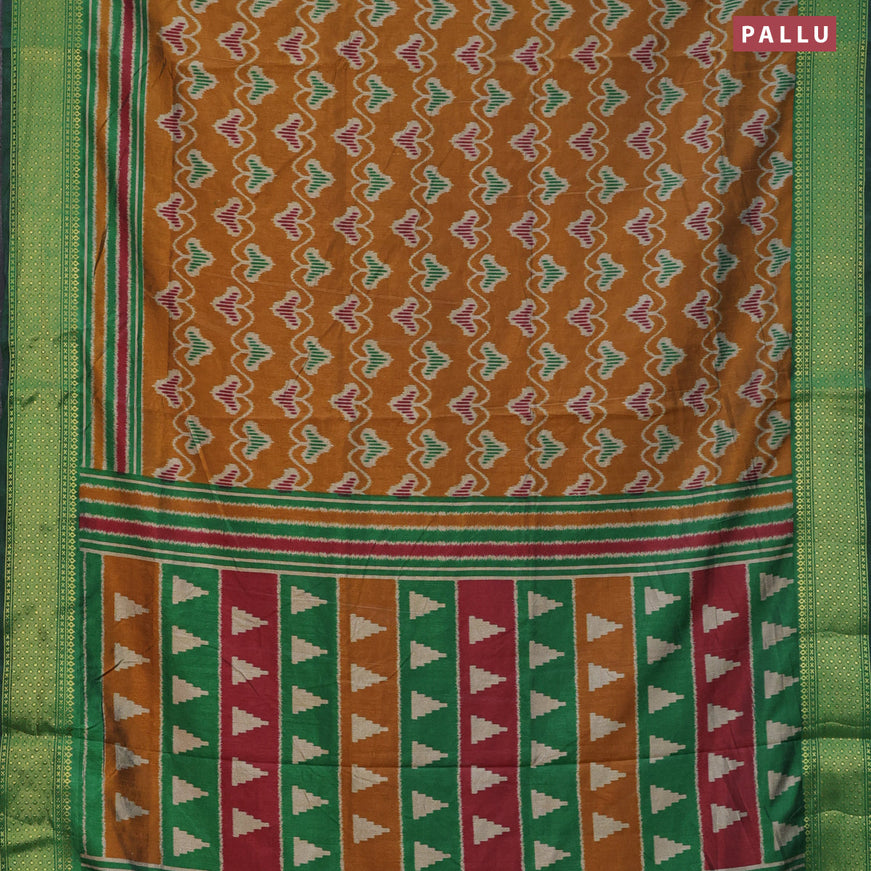 Semi tussar saree mustard shade and green with allover ikat prints and zari woven border