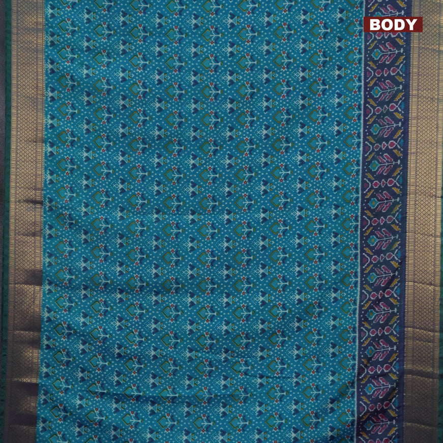 Semi tussar saree teal blue and dual shade of bluish green with allover ikat prints and zari woven border