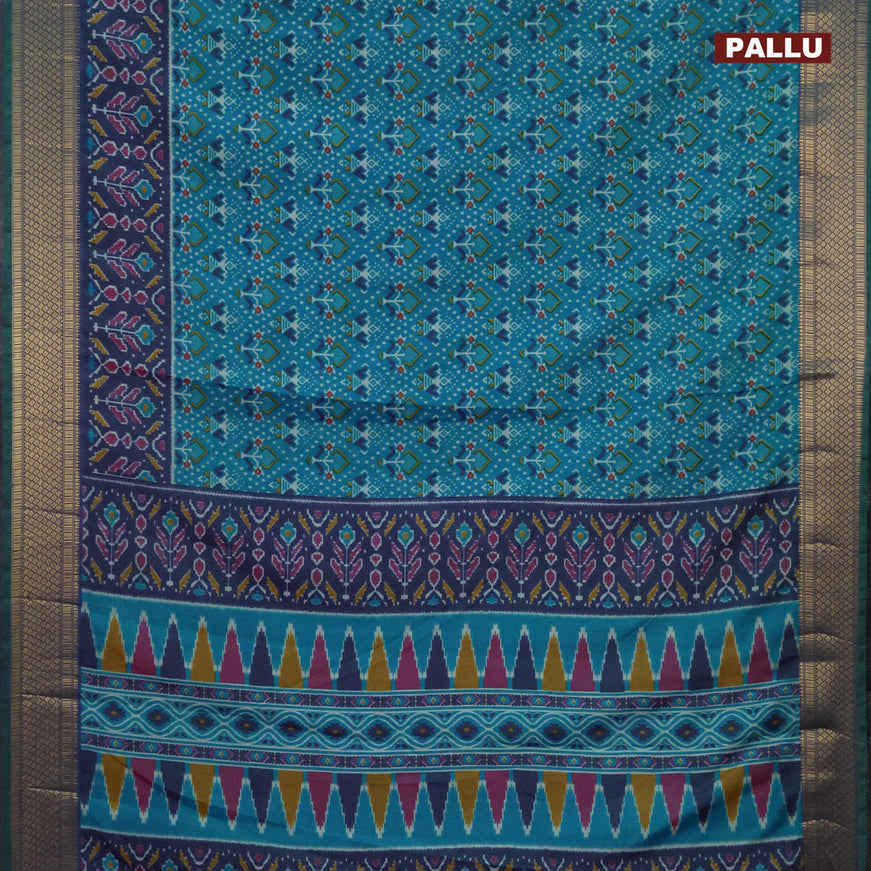 Semi tussar saree teal blue and dual shade of bluish green with allover ikat prints and zari woven border