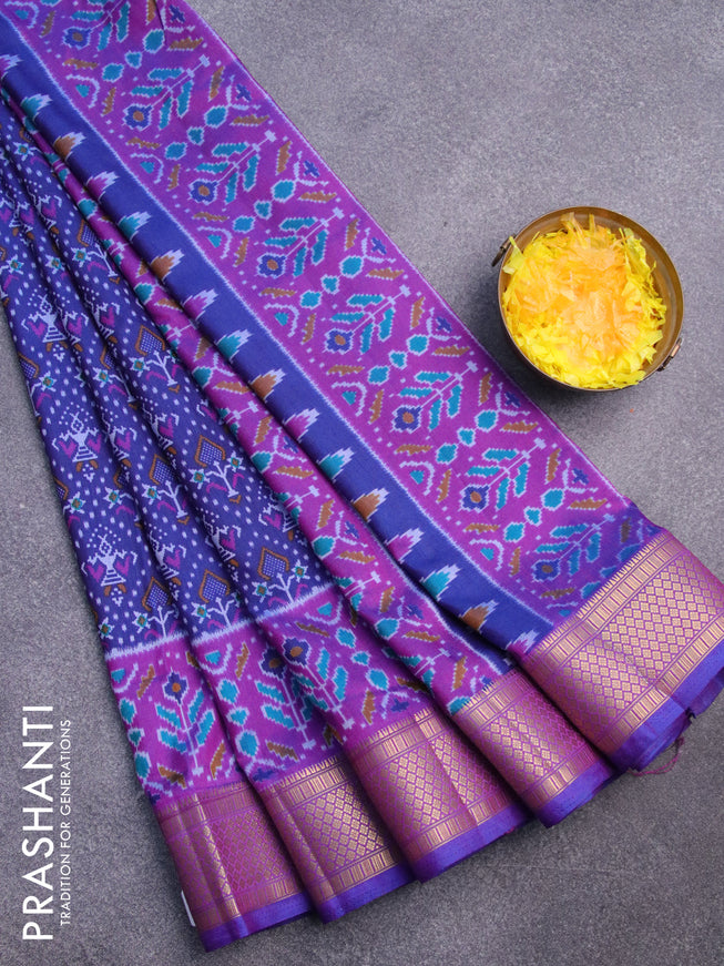 Semi tussar saree blue and purple with allover ikat prints and zari woven border