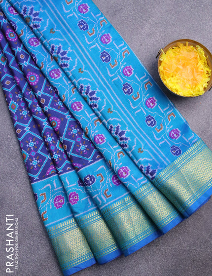 Semi tussar saree dark blue and teal blue with allover ikat prints and zari woven border