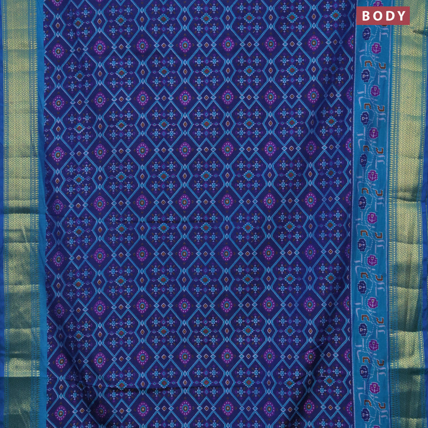 Semi tussar saree dark blue and teal blue with allover ikat prints and zari woven border