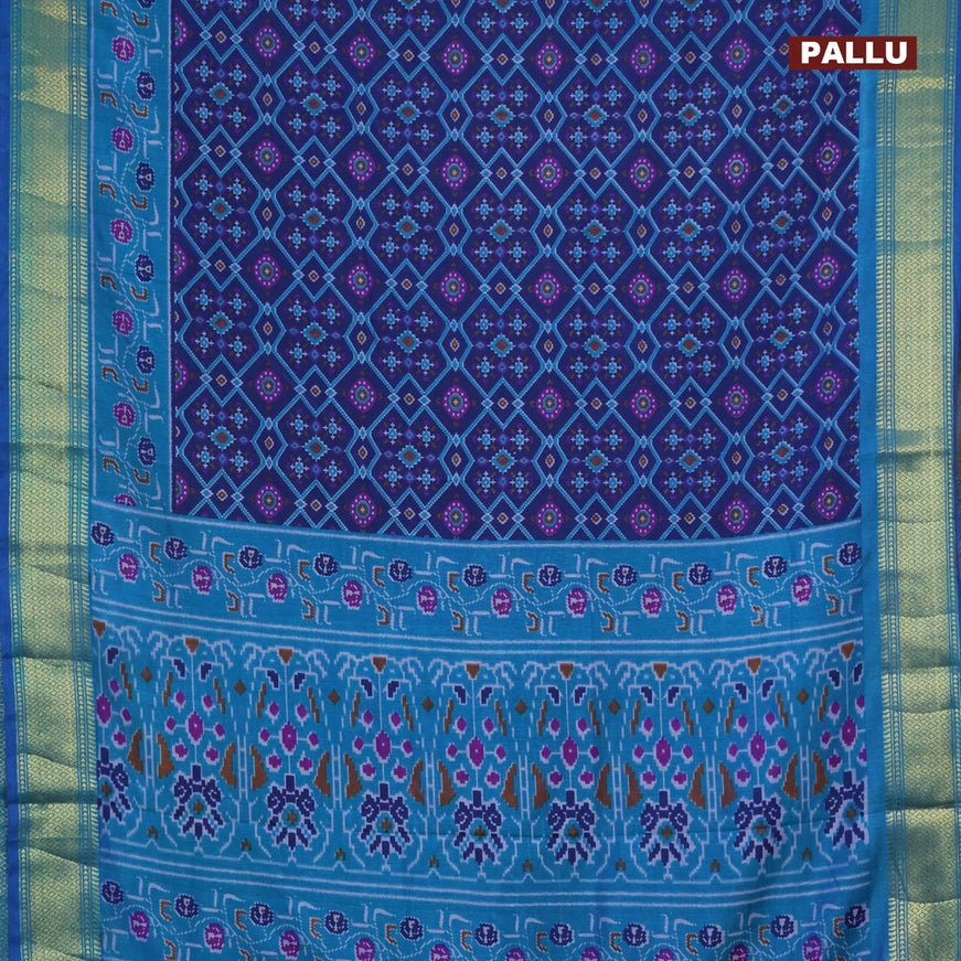 Semi tussar saree dark blue and teal blue with allover ikat prints and zari woven border