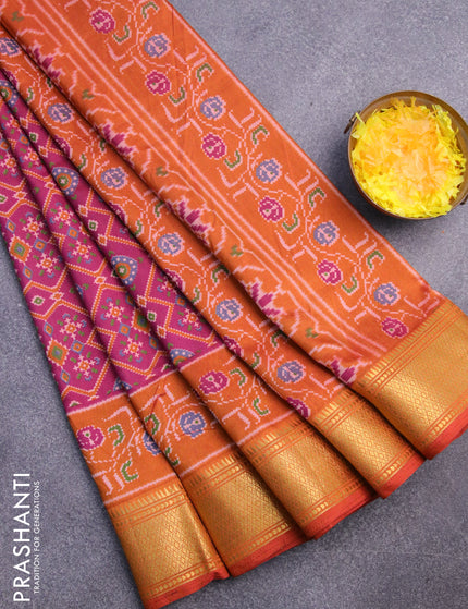 Semi tussar saree dark pink and mustard shade with allover ikat prints and zari woven border