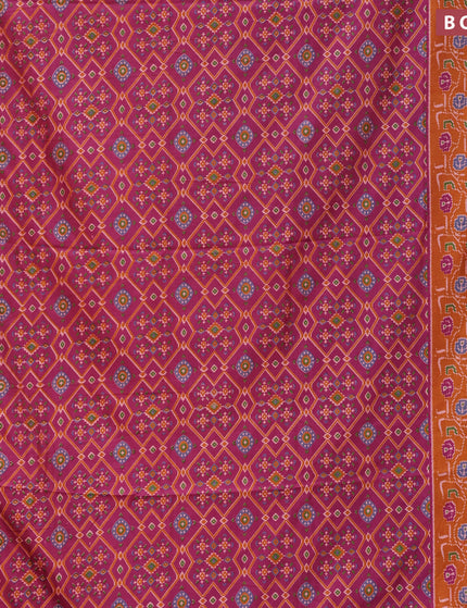 Semi tussar saree dark pink and mustard shade with allover ikat prints and zari woven border