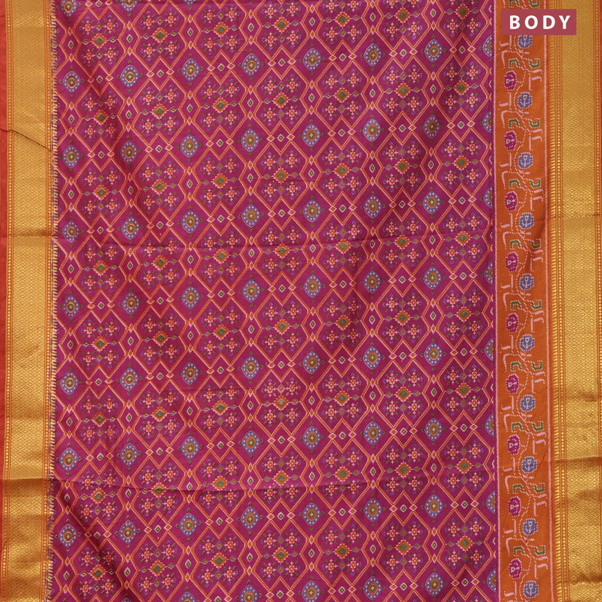 Semi tussar saree dark pink and mustard shade with allover ikat prints and zari woven border