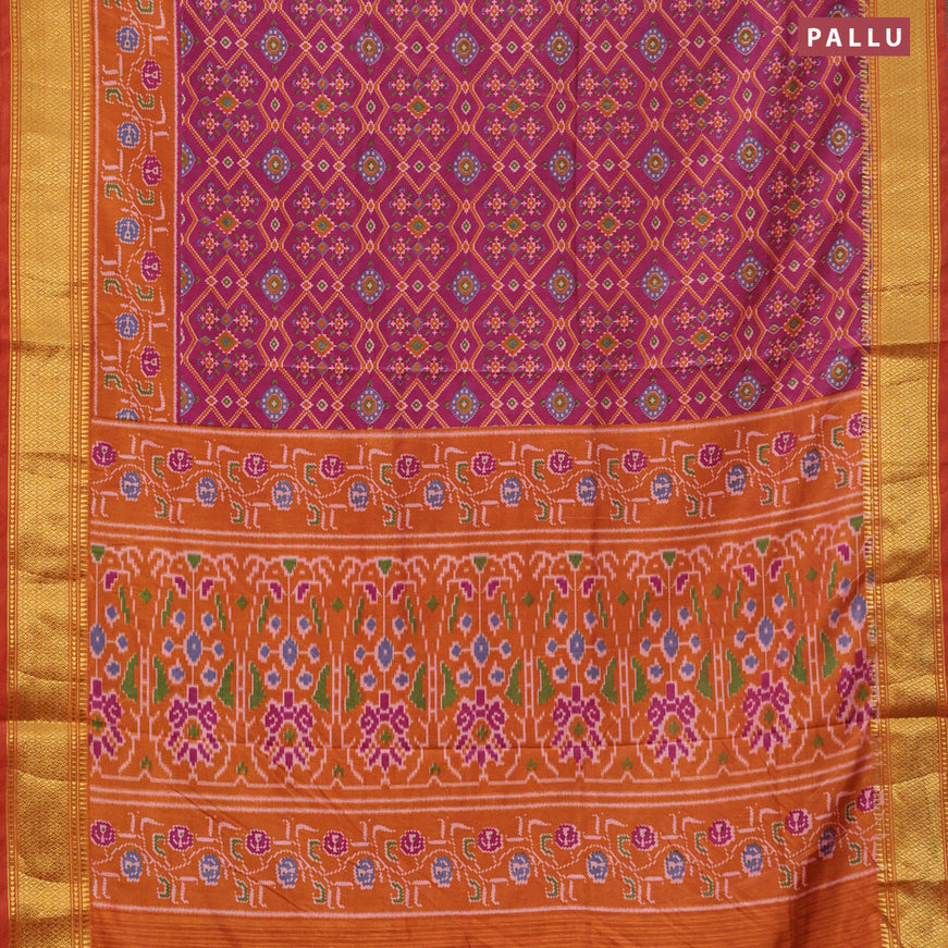 Semi tussar saree dark pink and mustard shade with allover ikat prints and zari woven border