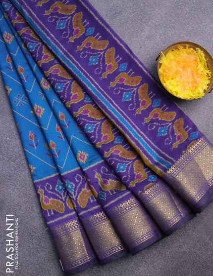 Semi tussar saree cs blue and dark blue with allover ikat prints and zari woven border